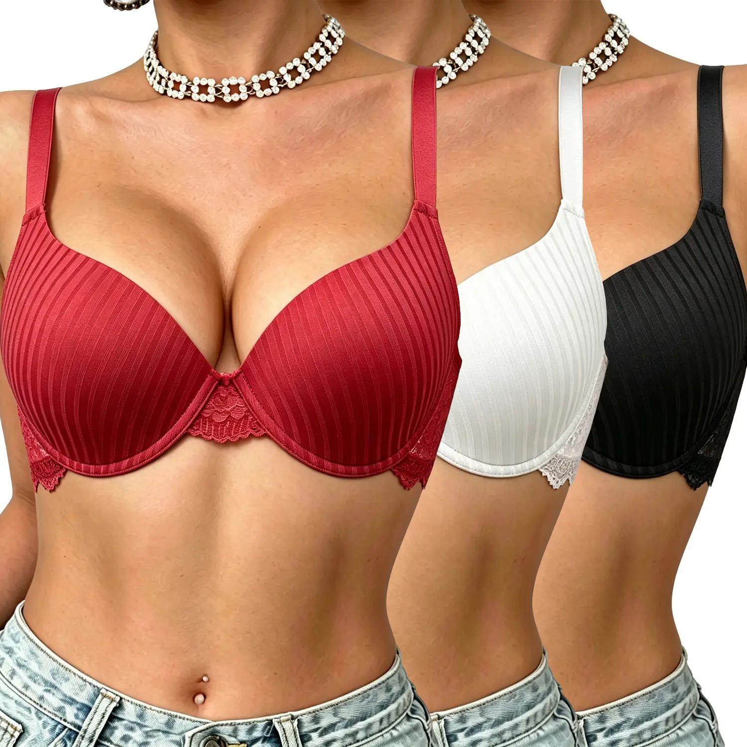 3pcs Pack Women's Underwire Push-Up Bra with Boning -Full Lift Lace Front Overlay，V-Neck Bras, Lace Back Womenswear Everyday，Non-Detachable Padded Cups& Underwire Suitable for Daily Wear，Parties - Elegant Lift& Posture (Hand Washable)