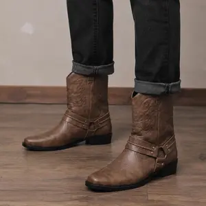 Men’s Western Boots Casual Cowboy Ankle Boots with Harness Strap & Metal Ring