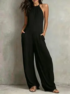 Women's Sexy Halter Tie Backless High Waist Jumpsuit, Wide Leg Pants, Fashionable for Travel and Daily Wear, Spring & Fall Style