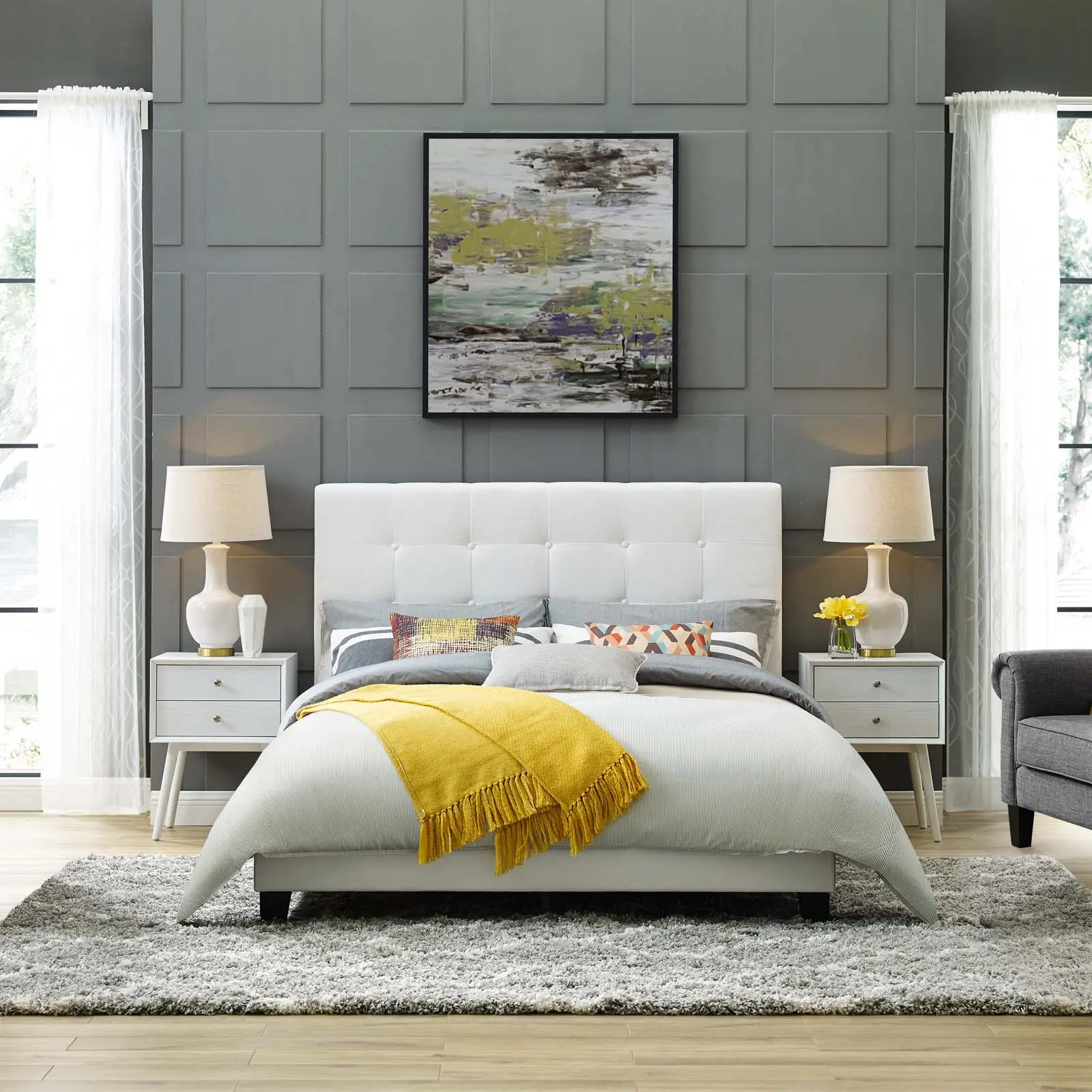 Modway Melanie Queen Tufted Button Upholstered Fabric Sturdy Platform Bed, Bedroom Furniture in White