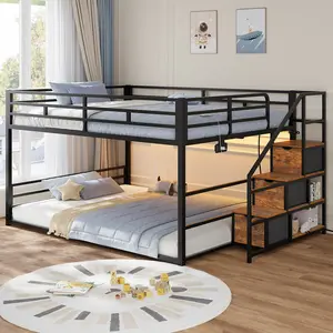 ADORNEVE Low Bunk Bed Full Over Full with Stairs, 3 Storage Drawers & Power Outlet, Full Size Metal Floor Bunk with RGB Lights & Shelves, Space-Saving Kids Bed, Black & Brown