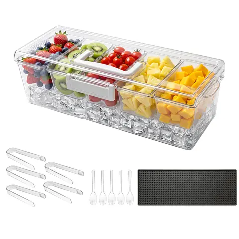 VEVOR Rectangular Ice-Cooling Kitchen Utensil Caddy - Durable 5-Compartment Lightweight Plastic Storage Container with Lid, for Tongs, Spoons, Bar Counters, Camping, Dessert Stations, Everyday Hacks Fridge Organization