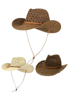 Bohemian Beach Sun Hat, Handwoven Fashion Western Cowboy Straw Hat, UV Protection Windproof Casual Hiking Cap, Street Hollow Out Geometric Pattern Travel Hat, Casual Outdoor Hat