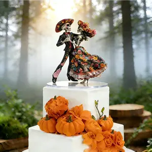 2D Flat  Hand-Painted Day of The Dead Dancing Skeleton Couple Halloween Gothic Lovers Romantic Bride & Groom Figurine Wedding