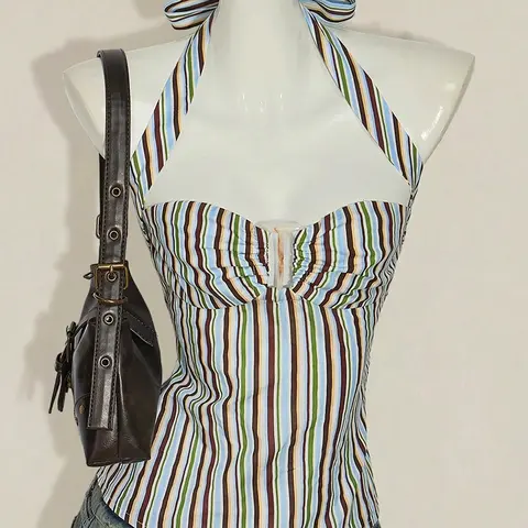 1 Piece Colorful Striped Halter Sleeveless Top, Fashion Retro Sweetheart Neck Fitted Crop Tank, Cropped Tank Top, Crop Tank Tops