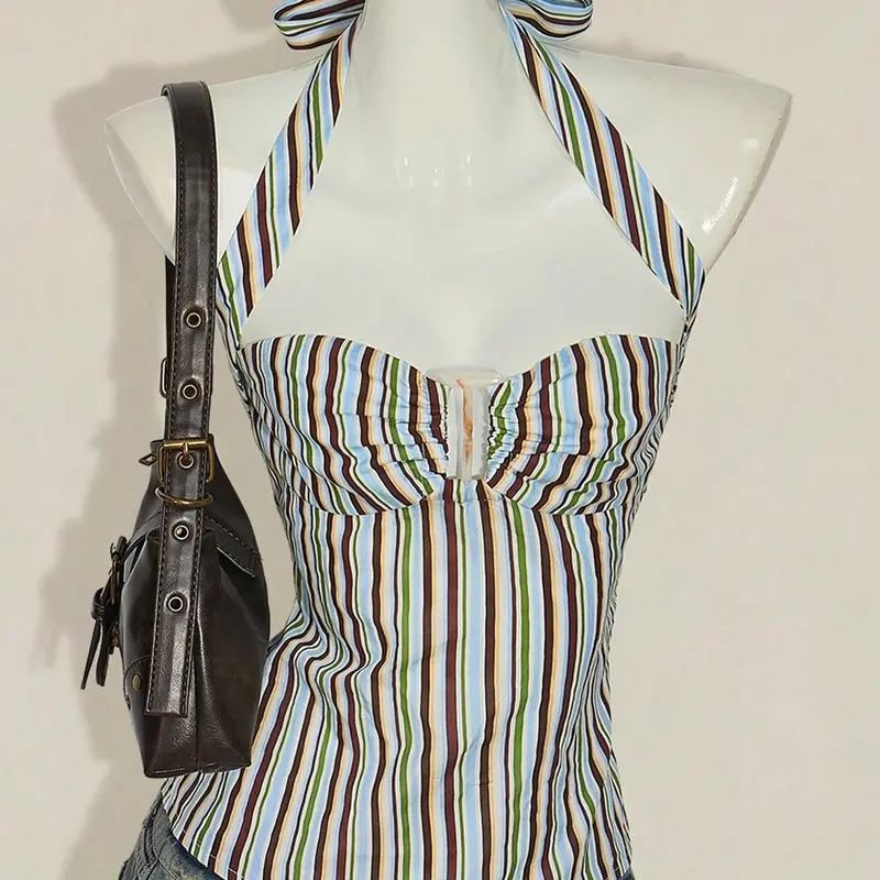 1 Piece Colorful Striped Halter Sleeveless Top, Fashion Retro Sweetheart Neck Fitted Crop Tank, Cropped Tank Top, Crop Tank Tops