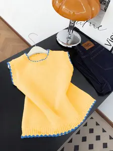 Yellow Knit Vest with Blue Scalloped Trim, Crew Neck Sleeveless Sweater for Women, Daily Wear