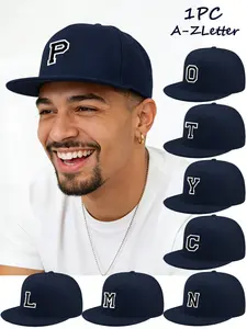 A-Z Letter Embroidered Flat Bill Baseball Cap for Men Women, Adjustable Flatbill Snapback Hat, Custom Initial Hip Hop Streetwear Headwear