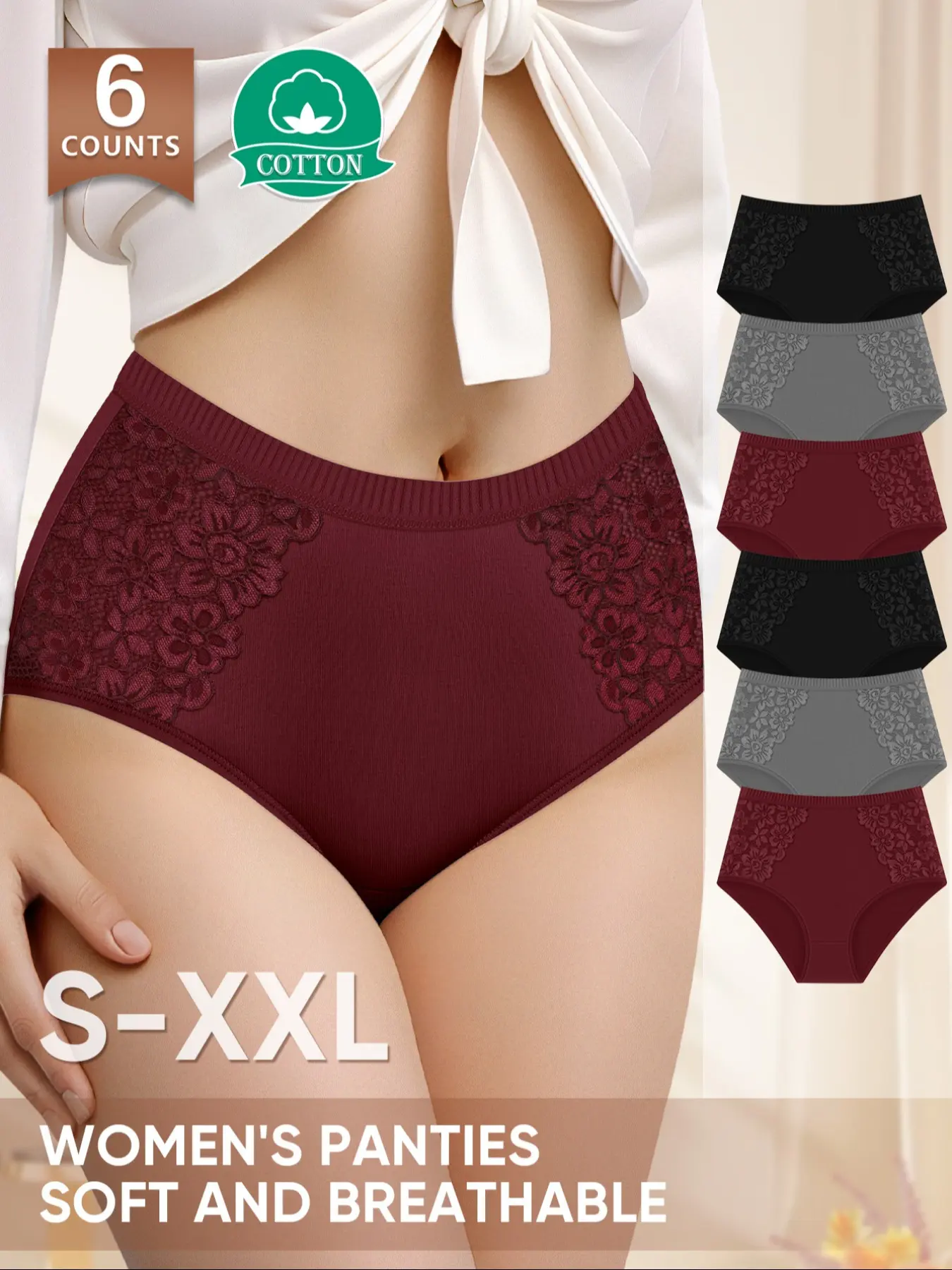 【Soft Cotton】Morelect  Women's Panties, 6-Pack, Breathable Mid-Waist Trunks, Comfortable Fit, Multiple Colors, Sizes S-Xxl