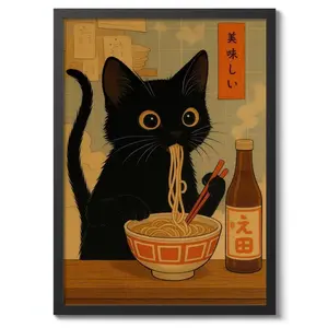 [Sale off up to 50%] [Free ship] [No Frame] Noodle Cat Thief Anime Print, Japanese Poster, Wall Art Decor, Cat and Ramen Illustration, Cute Food Theme, Gift