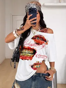 Y2K Grunge Oversized off Shoulder T-Shirt, Women's Edgy Lips & Grill Graphic Print, Streetwear Casual Top, Tiktok Viral Aesthetic, Summer Womenswear