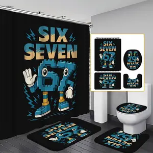 1/3/4PCS Robot Six Seven Shower Curtain set, Cartoon Character Bathroom Decor, Accessories with Bath Mat, U-shaped Mat, Toilet Lid Cover, 12 Hooks 180x180cm Curtain, Home Decor, Shower Essentials, Bathroom Decoration Accessories