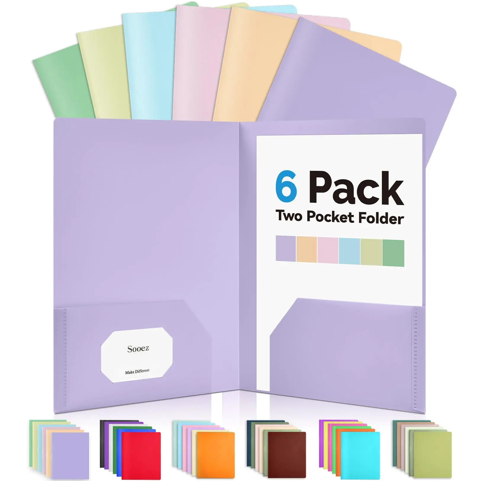 6Pack Folders with Pockets, Pastel Colors, Heavy Duty Pocket Folder, Plastic Folders with Pockets, 2-Pocket Folder Bulk, Aesthetic File Folder, Back to School Office Filing Supplies