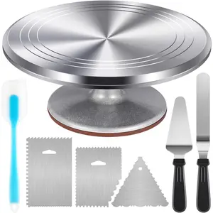 Aluminium Cake Turntable Set with Revolving 12" Stand 12.7" Offset Spatula 3 Stainless Steel Smoother for Baking Tools and Cake Decorating Kit Supplies