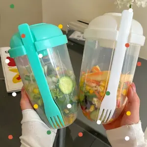 Portable Salad Cup with Foldable Fork and Layered Sauce Box, Leak-Proof Seal, One-Touch Opening, Food Grade Eco-Friendly Material, Containers with Lids