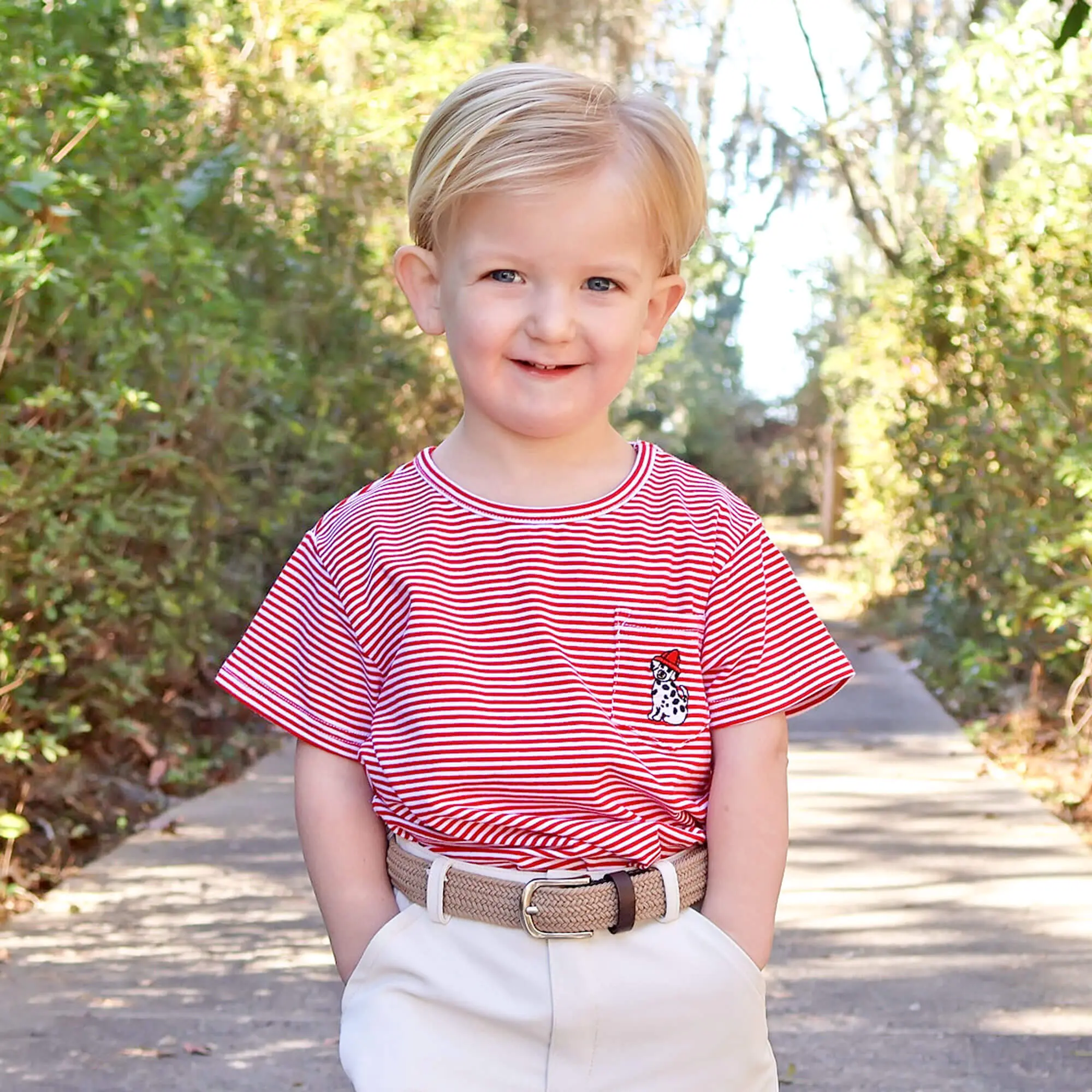 Firehouse Dog Red Stripe Short Sleeve Pocket Shirt - Dalmatian Embroidered Boys Soft Knit T-Shirt