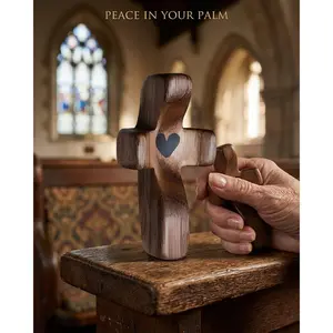 10pcs Premium Walnut Handheld Cross, Rustic Smooth Finish, Clinging Thumb Cross, Devotional Worship, Christian Home Decor Love inlaid with comfort Christian prayer