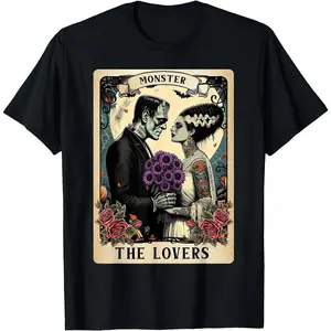 100% Cotton Funny Shirt - The Monster Frankenstein And Bride The Lovers Tarot Card T-Shirt - Men & Women Relaxed Fit T-shirt