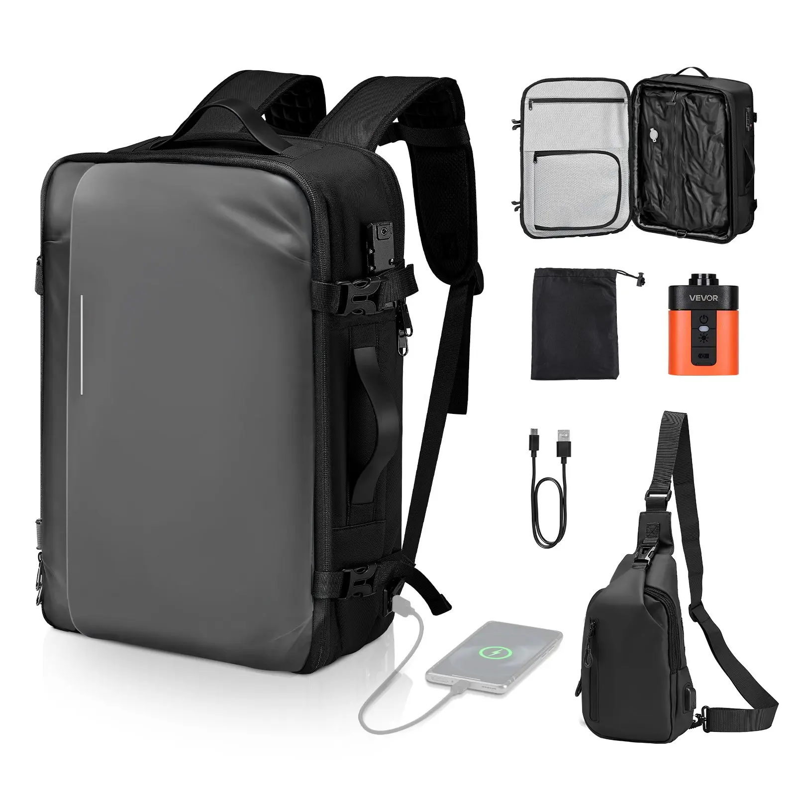 VEVOR High-Capacity 65L Expandable Vacuum Travel Backpack, Travel Gear, Multi-Compartment with Mini Pump, USB Port, TSA Lock, Buckle, Built-In Organizer, Water-Resistant Airback Vacpack, Business Carry-On Luggage, Gray, Shoulder Straps