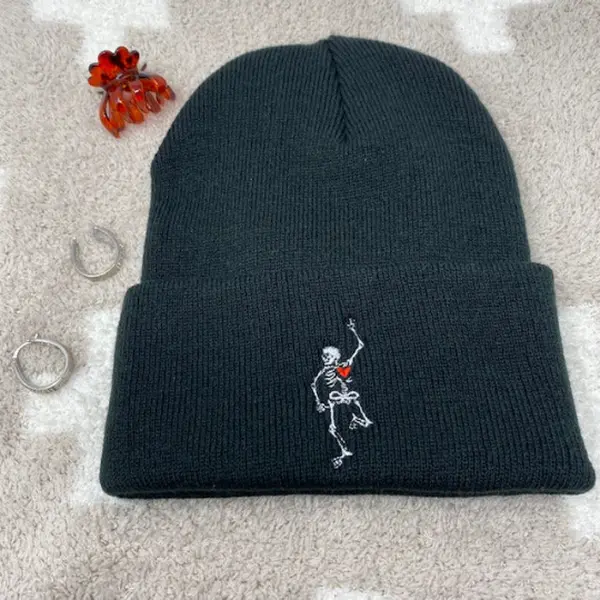 Dancing Skeleton  Black Beanie  Embroidered Gift
