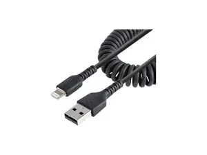 StarTech 50cm (20in) USB to Lightning Cable, MFi Certified, Coiled iPhone Charger Cable, Black, Durable TPE Jacket Aramid Fiber, Heavy Duty Coil Lightning Cable