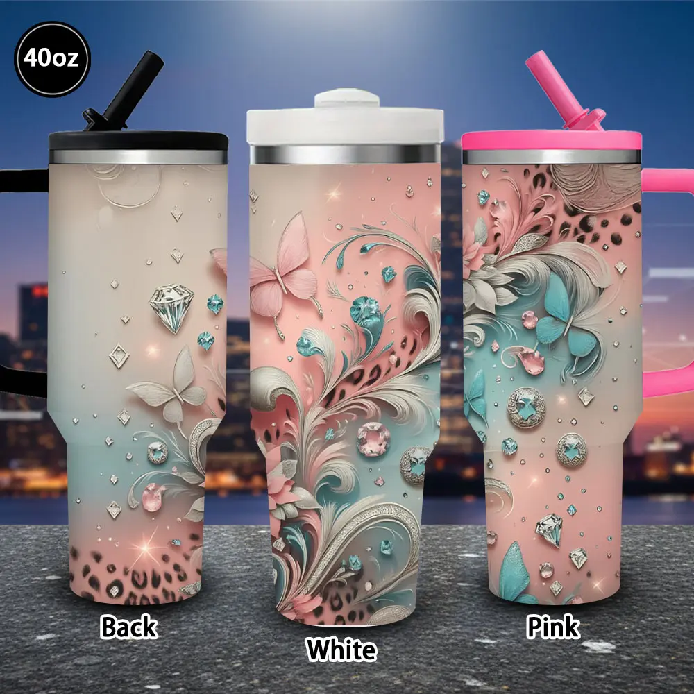 1pc 40oz Leak-Proof Elegant Floral & Gemstone Insulated Vacuum Flask Tumbler with Lid and Straw, Winter Travel Mug, Birthday Gift for Women Adults, Iced-Hot Coffee Cup, Valentine’s Day