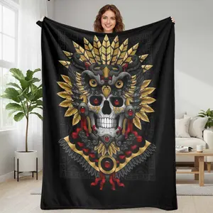 Aztec Skull Flannel Blanket  Tribal Feather and Gold Mask Print  Soft Warm Decorative Throw  Perfect for Living Room  Bedroom  Lounge  Couch  Office  Festival Decor  Gift for Friends