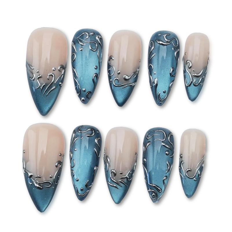 Handmade Gel Press On Nails Blue Cat Eye Press Party Gel ArtGlitter Nails Sparkle Brown Star Nails Luxury Metallic Silver Black Long Almond Reusable Nail Set