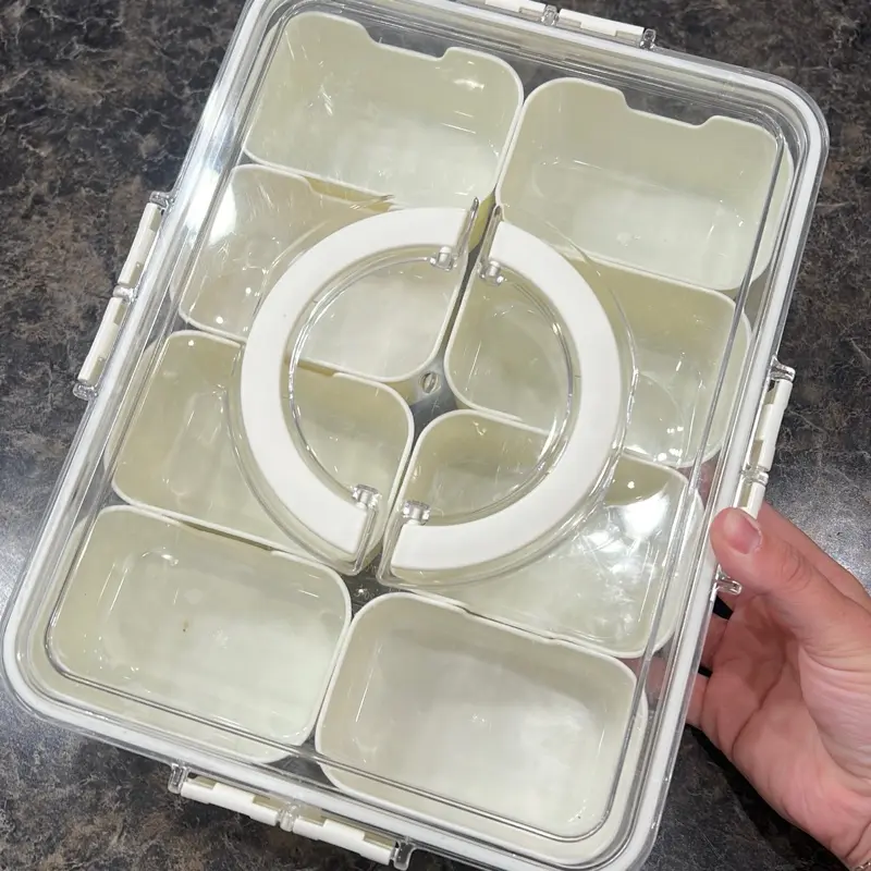 Divided Serving Tray with Lid and Handle - Snackle Box Charcuterie Platters - Clear Organizer for Candy Fruits Nuts Kitchen Utensils 11"L x 8.26"W x 2.55"H