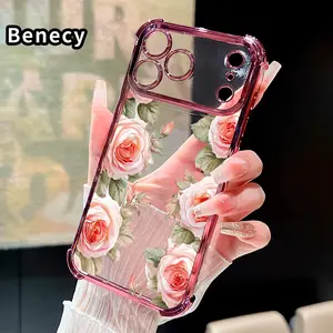 Compatible with iPhone 17 Pro Max 16 15 Plus Air 14 13 12 11 E Phone Case Rose Elegance Border Four-Corner Drop-Resistant Electroplated Transparent TPU Soft Protective Cover Gift