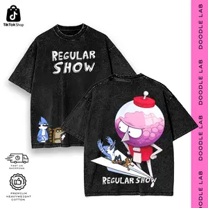 Regular Show Graphic Wash Tee Sweatshirt, Vintage Bootleg Inspired Cartoon Shirt For Women, 90s Retro Streetwear Heavyweight Cotton Oversized