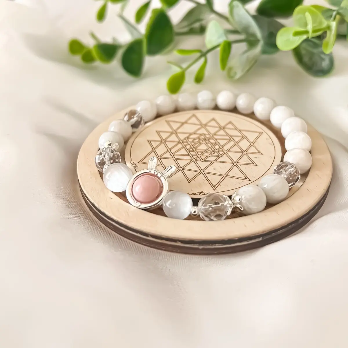 White Moonstone, Clear Quartz, and Selenite Bunny Bracelet for Women