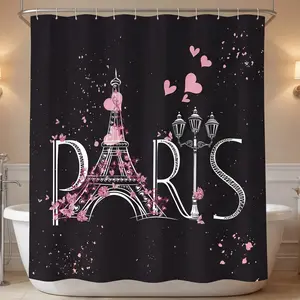 4Pcs Paris Eiffel Tower Pink Shower Curtain Sets Bathroom Set Decor with Non-Slip Rugs Bath U-Shaped Mat Toilet Lid Cover Waterproof Valentine Bathroom Curtains Shower Set with 12 Hooks Bathroom Decoration Accessories