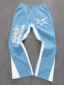 Men's Y2K Casual Sporty Comfy Breathable Colorblock Letter & Star Print Blue Drawstring Waist Joggers Pants, Fitted Streetwear Gift for Boyfriend Christmas