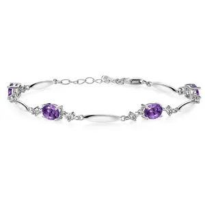 Gem Stone King 925 Sterling Silver Gemstone Birthstone and White Diamond Tennis Bracelet For Women | Oval 7X5MM and 2MM | 6 Inch + 1 Inch Extender | Fine Jewelry for Her Mom Wife