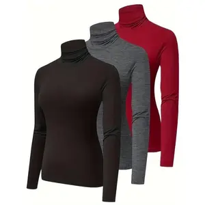 3 Pack Plus Size Women's Thermal Underwear Set: Soft, Solid Long Sleeve Turtleneck Base Layer Top 3pcs Set