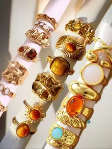 Women's Vintage Fashion Ring Set, Irregular Folded Old Currency Style, Multi-Color Artificial Jewelry, Stackable Gemstone Rings