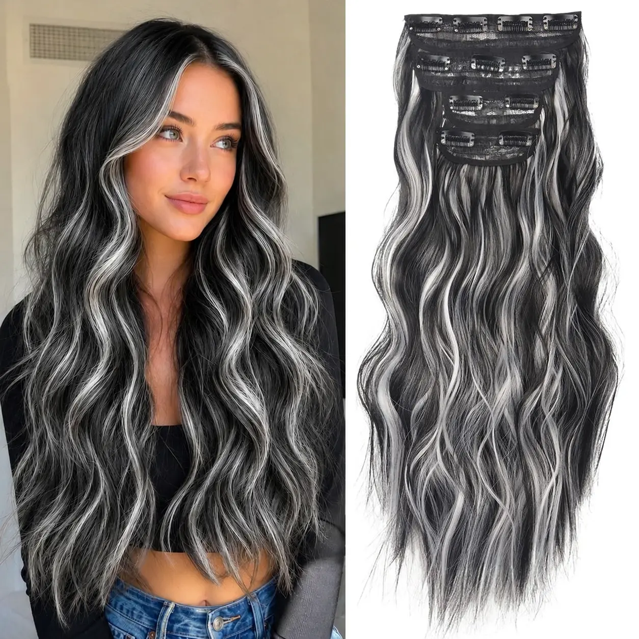 Clip in Hair Extensions for Women - 4 Pcs Thick Double Weft Long Wavy Soft Synthetic Blends Well Hair Extension 20 inch day comfort