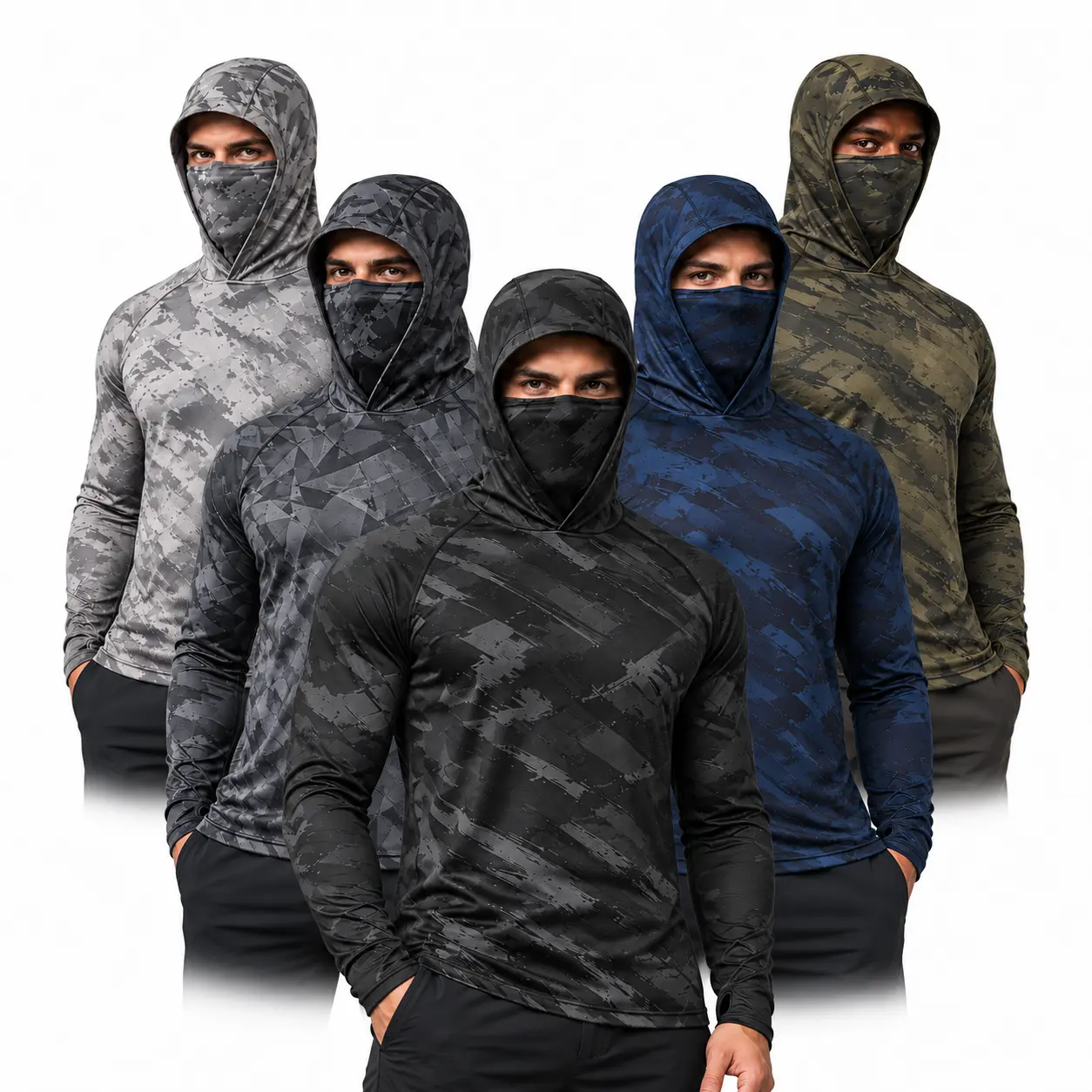 5 Pack Men's UPF 50+ Camo Fishing Hoodies with Built-In Face Mask, Thumb Holes, Quick Dry 4-Way Stretch Long Sleeve Sun Shirts