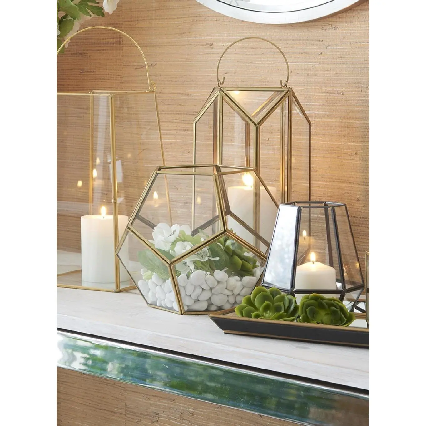 Gold Emerald-Cut Glass Lantern, 7"D x 11"T