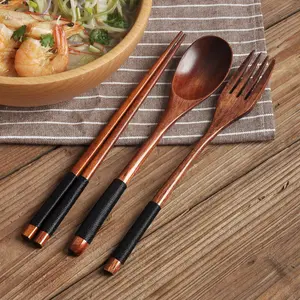 Wooden Cutlery Set (3 Counts), Including 1 Spoon & 1 Fork & 1 Chopsticks, Vintage Tableware Dinner Sets Utensils for Home Kitchen Dining Room