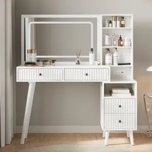 RoyalCraft 48" Fluted Makeup Vanity Desk with Big mirror and Lights, White Vanity Table with Outlet and 3 Lighting Colors Touch Control,Large Vanity with 4 Drawers, Modern Dressing Table for Bedroom