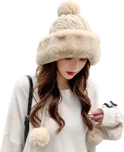 Womens Fur Hats with Pompom for Winter Warm Knit Beanie Skull Cap Russian Ushanka Trapper Hat with Ear Cover