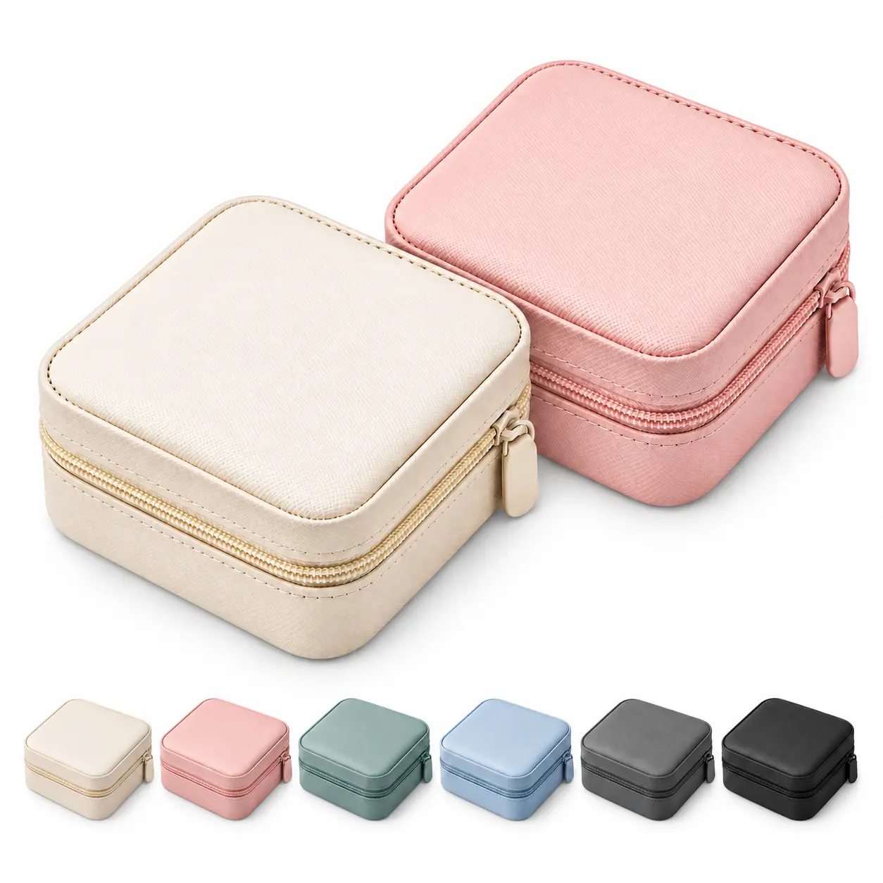 Jewelry Organizer Set, 2-Piece Compact Square Leather Exterior Velvet Lined Water-Resistant Travel Storage Case for Rings, Necklaces, Earrings, Bracelets (Random Color)