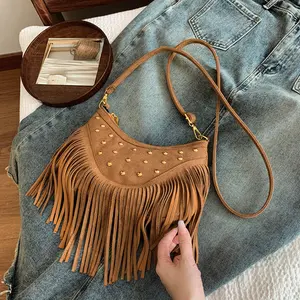 Sandblasted Round Fringe Bag - New Stylish Ladies Handbag, Rivet Detail, Retro Shoulder & Crossbody 2-in-1