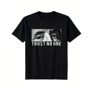 Men's TRUST NO ONE Graphic T-Shirt & Shorts Set - Black Cotton Crew Neck Tee with Face Print Design, Matching Drawstring Shorts, Casual Summer Sportswear for Adult