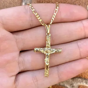 14K Yellow Gold Filled Rustic Cross Necklace for Mens Womens - Figaro Flat Link Chain 2.5mm 20" & 24" - Big Crucifix Charm for Everyday Wear Use Anniversary Birthday Gifts