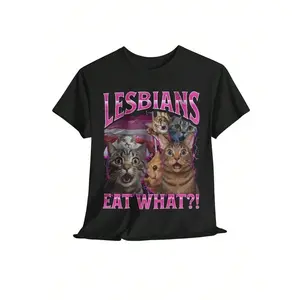 Women's Lesbians Eat What?Cat Print Round Neck Tee, Fashion Casual Crew Neck T-shirt for Daily Holiday Vacation Outdoor Wear, Ladies Clothes for All Seasons, Top