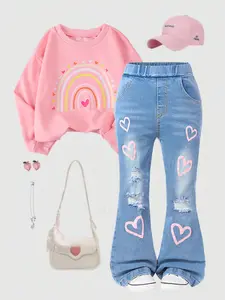 Girl's Heart Pattern Ripped Flare Leg Jeans, Cute Comfy Elastic Waist Pocket Denim Trousers for Daily Wear, Kids Bottoms for All Seasons