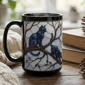 Stained Glass Style Cat Mug Black Ceramic Coffee Cup, Blue Cats in Tree Artwork, Cat Lover Gift, Unique Tea Mug, Artistic Coffee Cup, Cozy Home Decor, Pet Lover Present, Colorful Cat Art Mug, Birthday Gift, Kitchen Decor, Cute Feline Drinkware